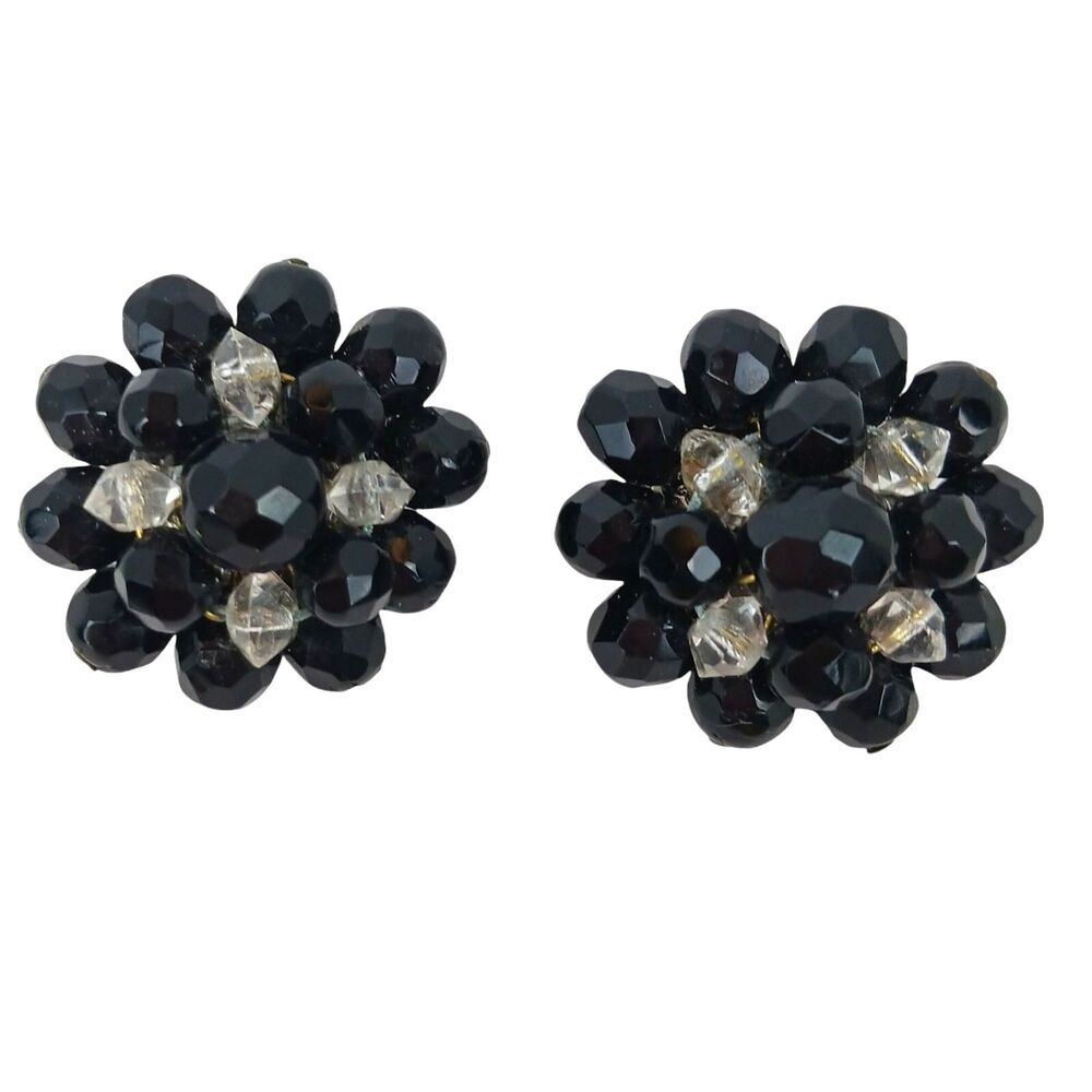 Vtg Beaded Earrings Clip On Black & Clear Cluster Marked West Germany 1960's